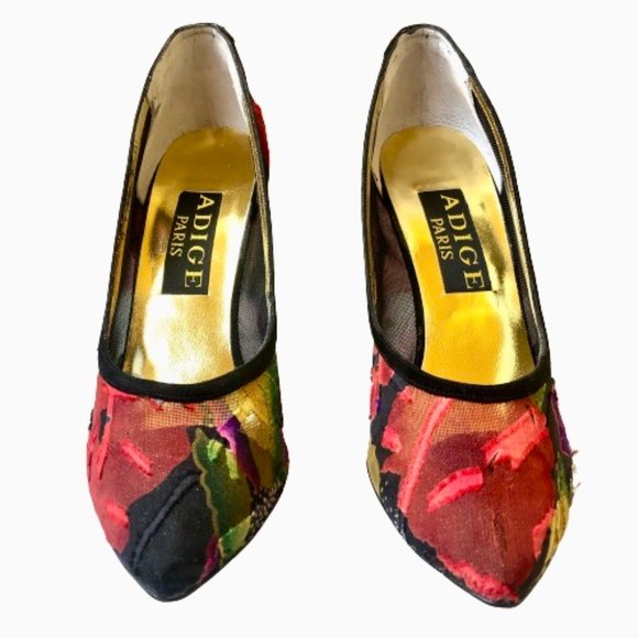 Adige Paris Vintage 80's Pump Heels MESH Fabric Patches Suede Spain sz 8 - Picture 5 of 15